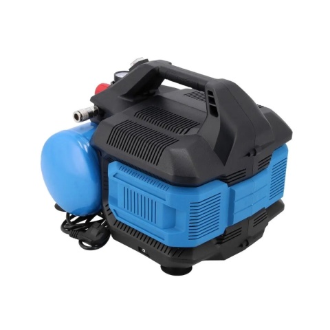 Mały kompresor bezolejowy LMO 6-126 – 6 l, 88 l/min, 8 bar, 1 KM (0.75 kW), cichy, dwutłokowy