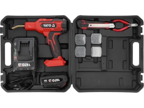 W zesawie znajdziesz również szczypce boczne, nożyk, akumulator, ładowarka, walizka