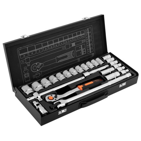 Zestaw kluczy nasadowych 1/2" – 25 części, walizka (10–32 mm)