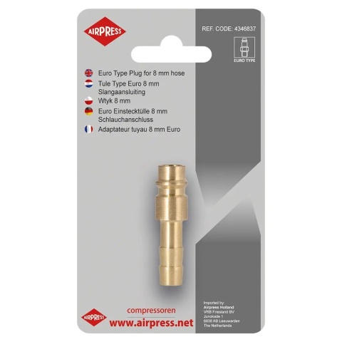 Wtyk szybkozłączki Airpress 4346837 – wyjście na wąż 8 mm, mosiądz, Euro typ