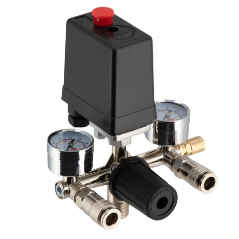 Airpress 36840-R – Reduktor z wyłącznikiem ciśnieniowym | 8 bar, 230V, 2 szybkozłącza, manometry