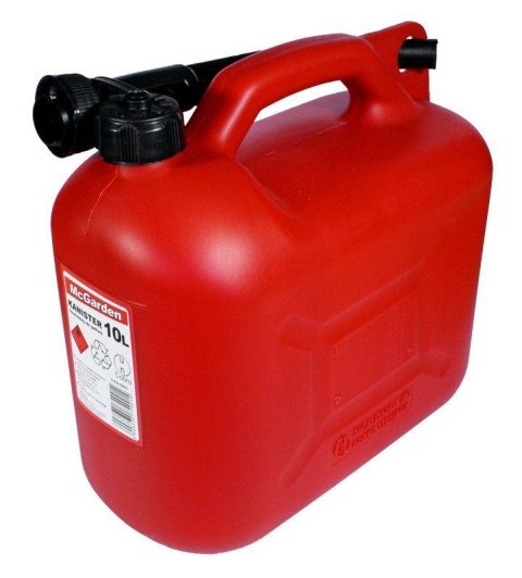 Czerwony kolor z czarną zakrętką oznacza pojemnik na paliwo 10 litrów