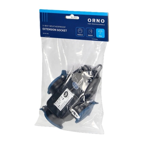 Opakowanie - ORNO OR-AE-1346 – bryzgoszczelny rozgałęźnik IP44 z trzema gniazdami 2P+Z, 16A, 230V.